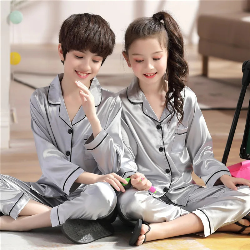 Childrens Clothing Teen Girl Pink Satin Pajamas Long Sleeve Kids Homewear Clothes Boys Solid Nightshirt Silk Pijamas Baby Pjs 250121