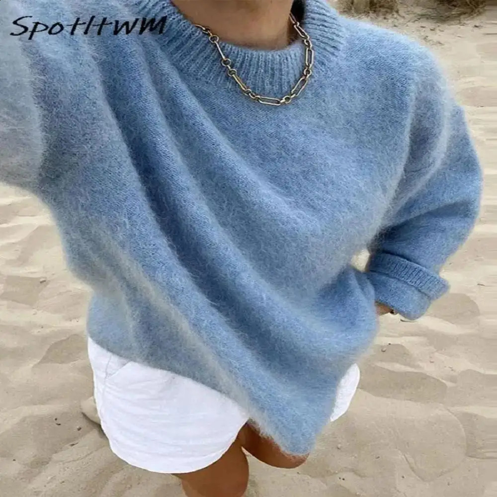 O-neck Rib Kintted Mohair Long Sleeve Sweater Women Autumn Winter Loose Cropped Jumper Female Fashion Casual All-match Pullover 250118