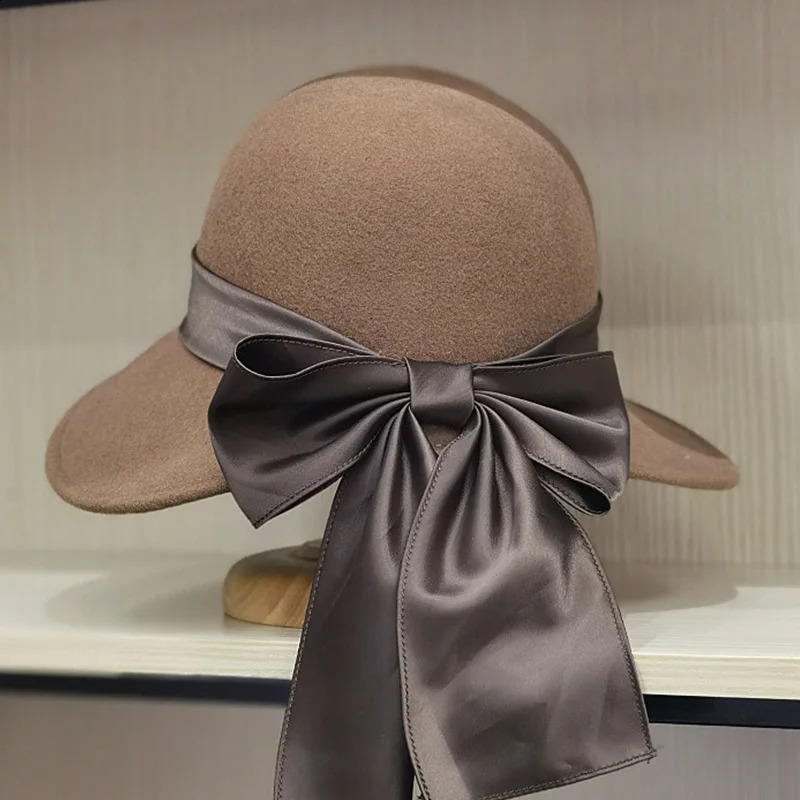 Winter Cloche Round Hat for Women Wool Fedora Hats Warm Wide Bim Floppy Ribbon Bowknot Church Dress Felt Bucket 250118