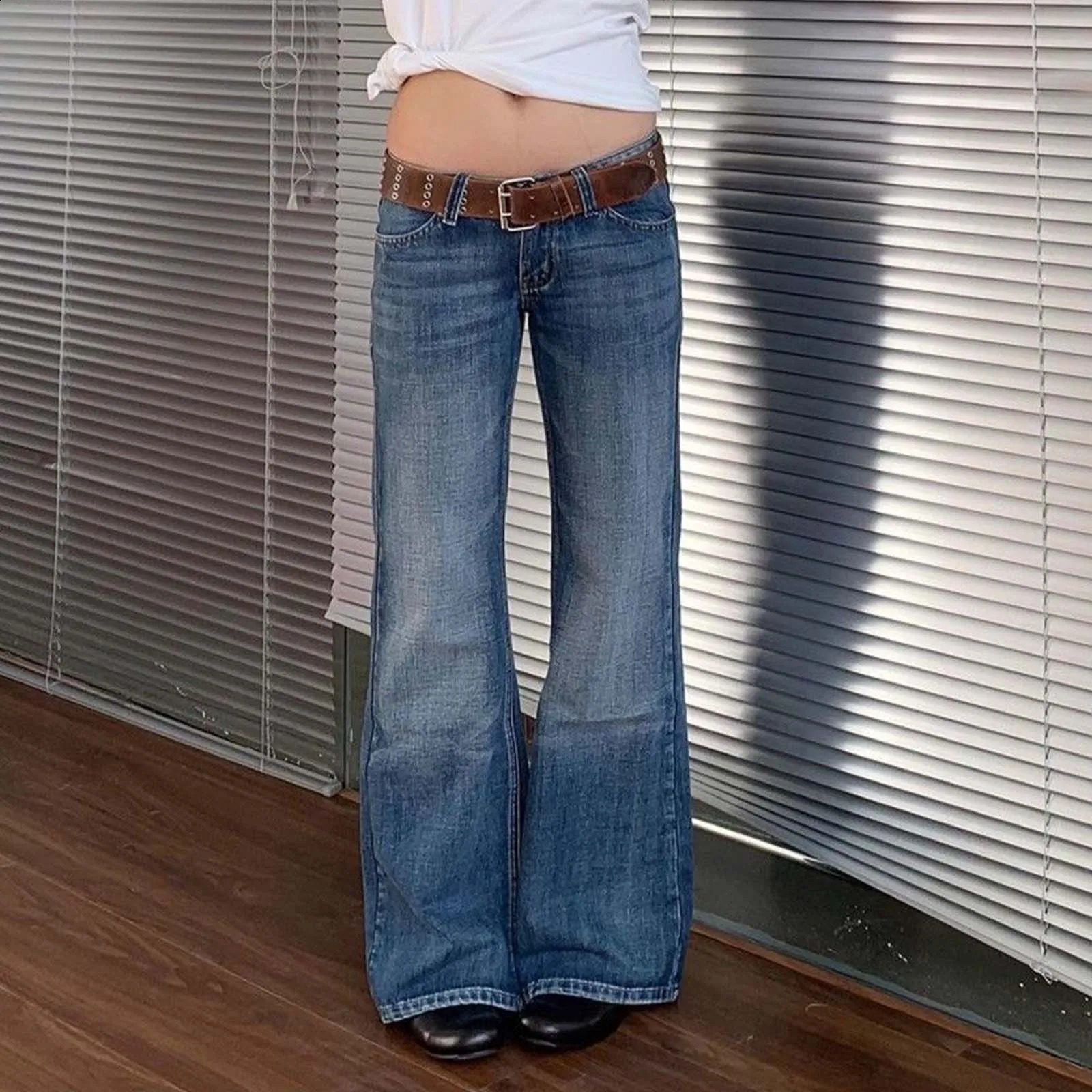 Vintage Women Distressed Flare Jeans Y2k Low Rise Boot Cut Denim Pants Retro Streetwear Wide Leg Blue Trousers 250118