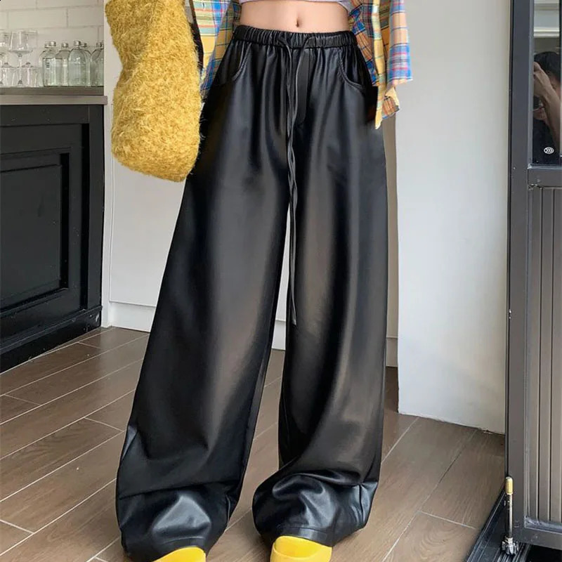 Lucyever American Black PU Leather Pants Women Autumn Winter Streetwear High Wiast Straight Pants Woman Baggy Wide Leg Trousers 250117