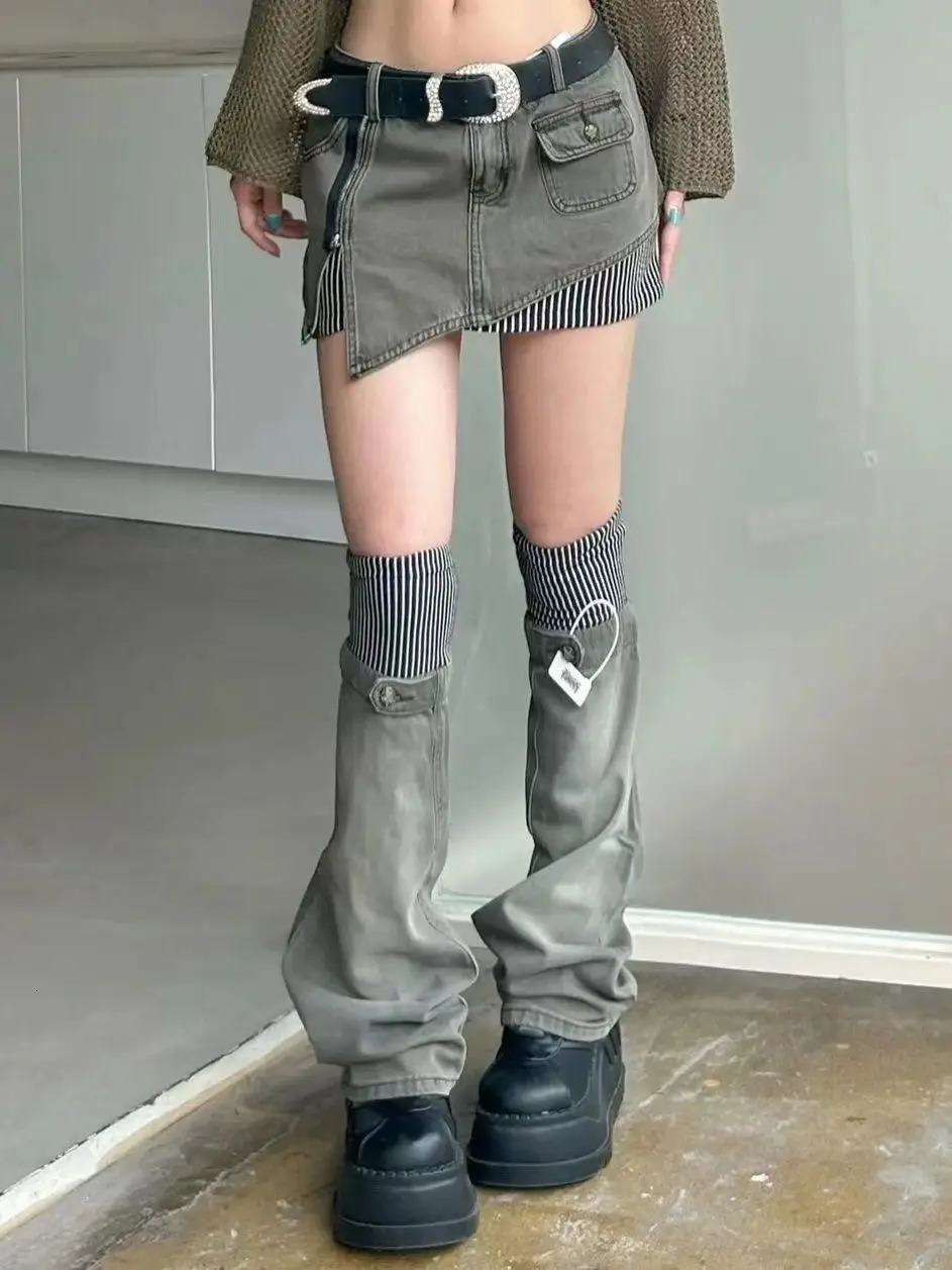 American retro patterned patchwork denim suit half skirt women Y2K irregular short leg cover twopiece set for wearing 250122