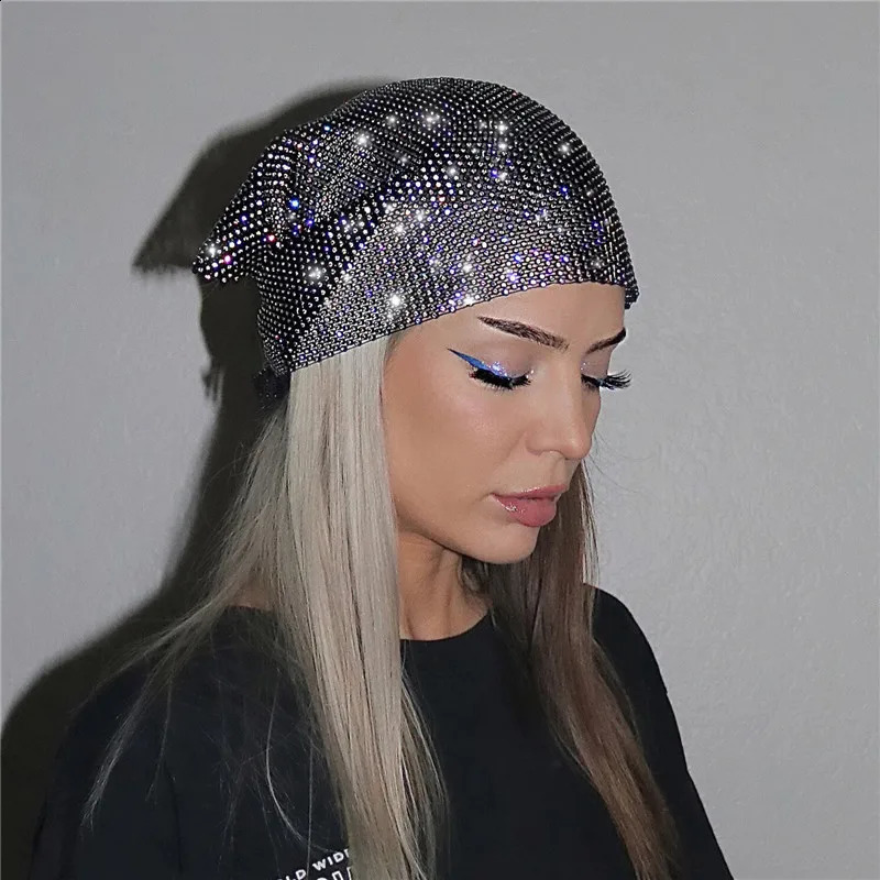 Shiny Diamond Turban Head Scarf Woman Fashion Rhinestone Mesh Hollow Out Night Club y2k Party Rave Girl Hijab Headscarf 250121