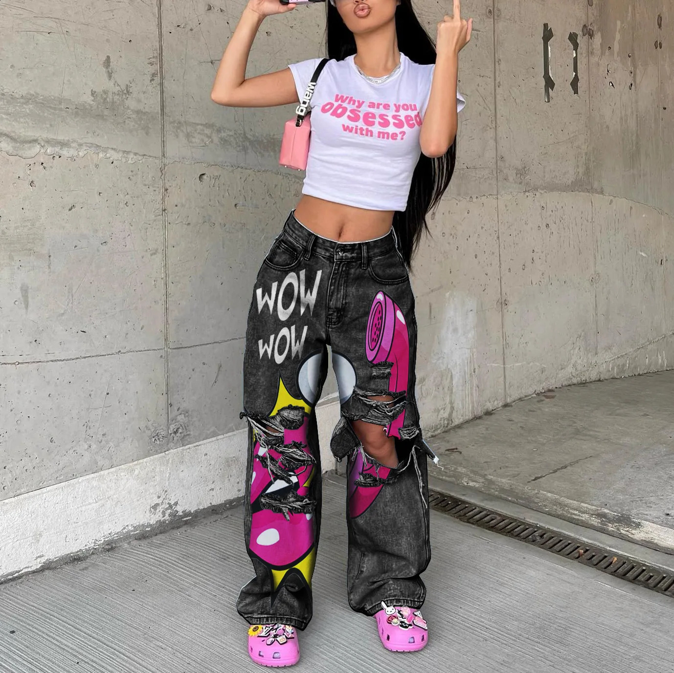 MID Waist Print Stretchy Jeans Stretchy Daily Fashion Womens Pants Streetwear Baggy Jeans Boyfriend Jeans Y2k HOLE Pants 3XL 250118