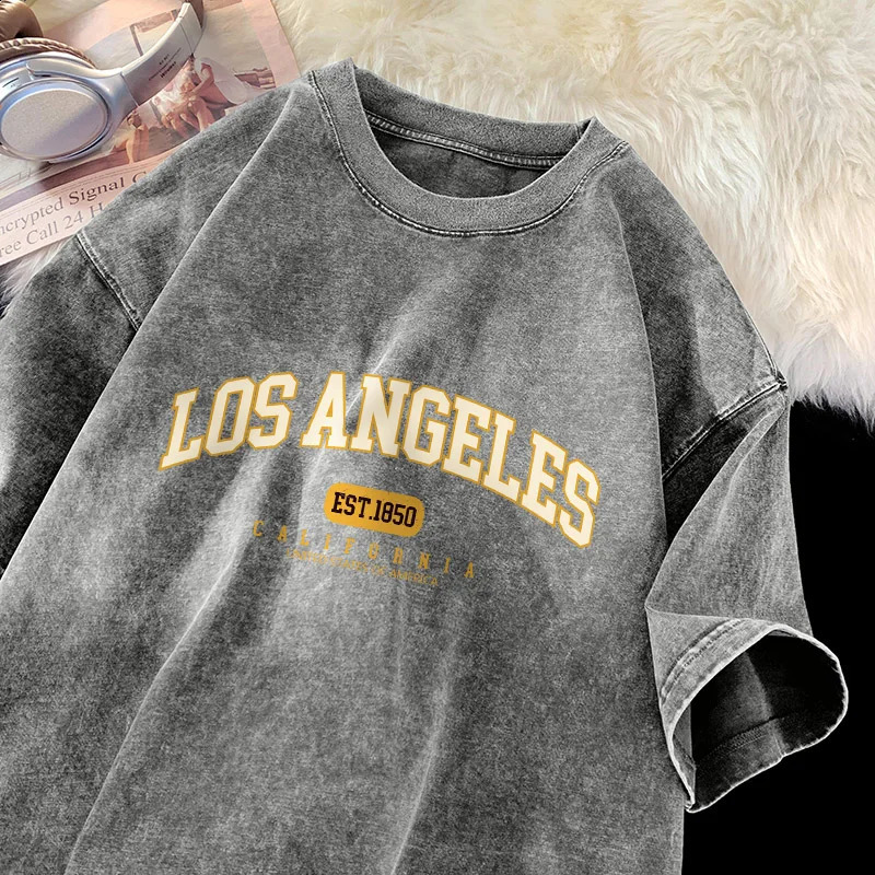 Hip Hop Street Tshirt Men Los Angeles California Letter Shirt Cotton Retro Washed Short Sleeve Soft Comfort Tshirts Tiki 250122