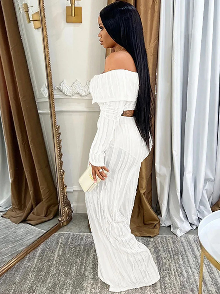 BKQU White Ruched Two Piece Sets Women Sexy Off Shoulder Long Sleeve Crop Top and Wide Leg Pants Matching Party Club Outfit 250118