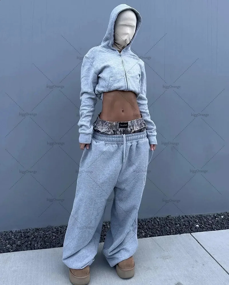 Hiphop Trendy Streetwear Harajuku Retro Striped Wideleg Trousers Women Camouflage Splicing Twopiece Casual Sweatpants 250108