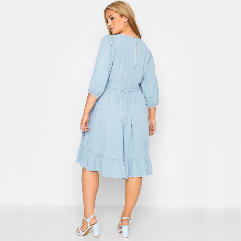 Plus Size Puff Sleeve Summer Spring Elegant Chic Party Dress Tie Waist Midi Tiered Large Casual Denim 250121