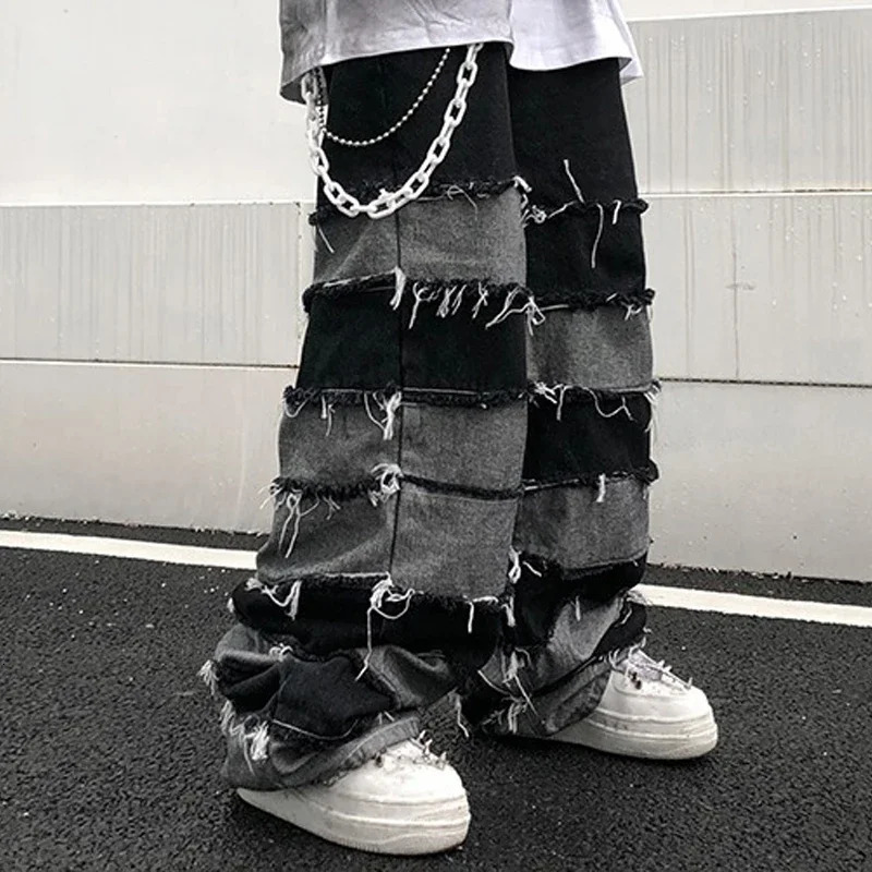 American High Street Antique Tassel Jeans for Men Dropped Wide Leg Hip Hop Lazy Long Pants 250122
