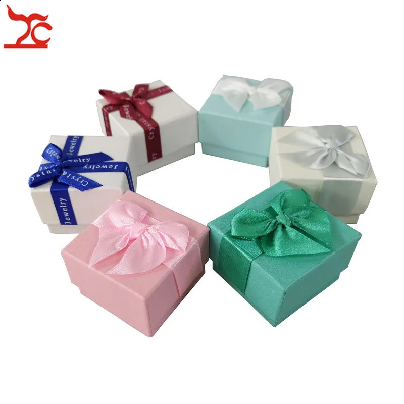 Fashion Color Paper Jewelry Gift Box Pink White Blue Ring Storage Organizer Gift Ribbon Box 5*5*3.8cm Wholesale 24Pcs/lot 250117