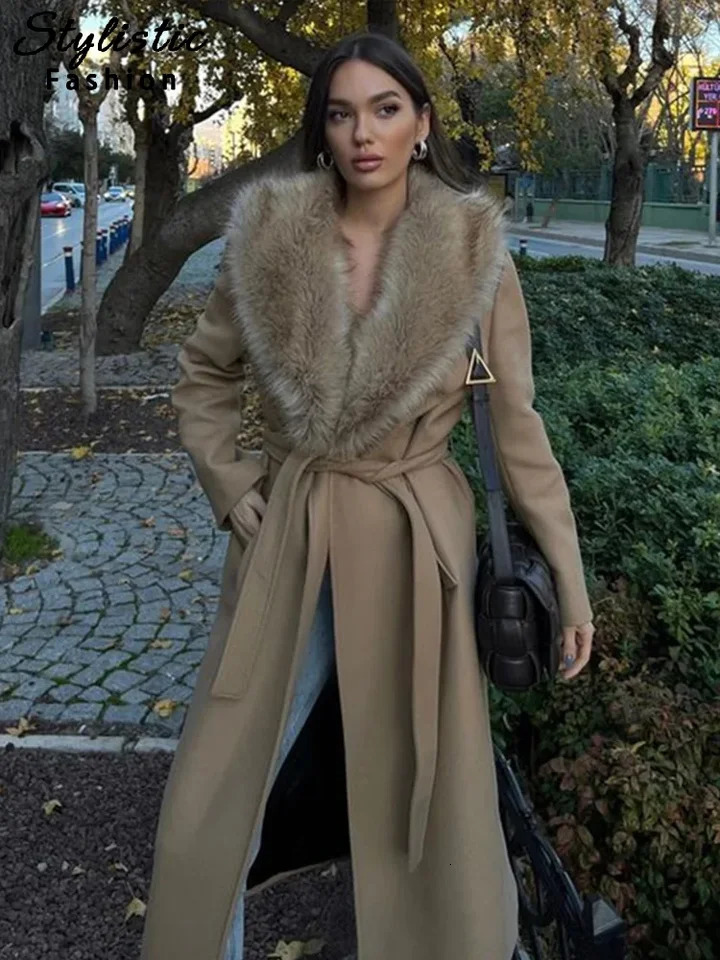 Elegant Woolen Lace Up Long Coat Women Mao Big Lapel Sleeve Overcoat Female 2024 Winter Fashion Thicken Warm Coats Lady 250110