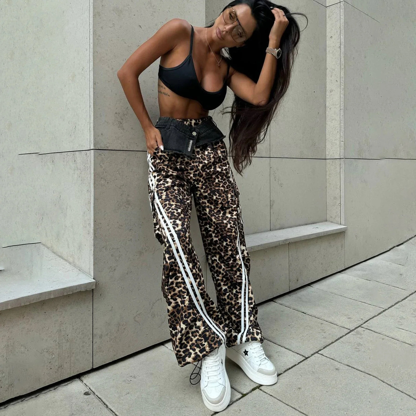 Autumn Womens Casual Wide Leg Leopard Pants Women Clothing Cowboy Spliced Vintage Sweatpants Y2k Cargo Pants Women 250117