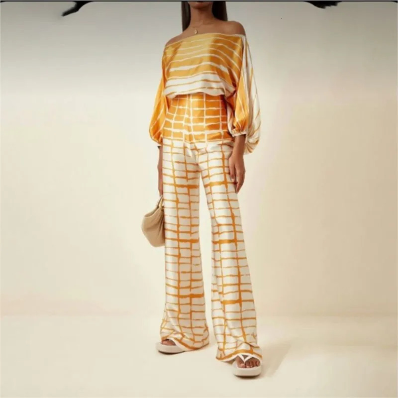 Womens Print Satin Outfit Lantern Sleeve Off Shoulder Long Blouse Office Lady 2 Piece Sets Casual Wide Leg Pants Suits 250122