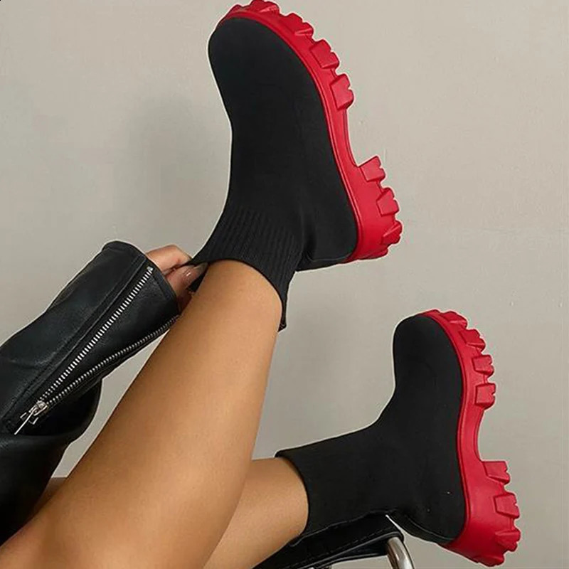 Women Boots White Platform For Winter Autumn Botas Femininas Socks Ankle Shoes Heels Botines Mujer 250117