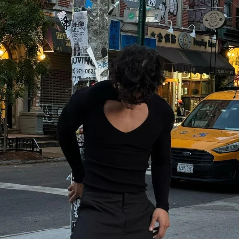 Sexy Hollow Out Elastic Slim T Shirt Mens Autumn Fashion Long Sleeve Solid Color Bottoming T-shirts Y2K Men Clothes Streetwear 250117