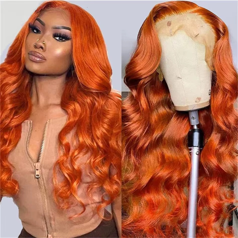 Ginger Body Wave 13x4 Transparent Front Human Hair Wigs Pre Plucked Bleach Orange HD 13x6 Lace Frontal Wig For Women
