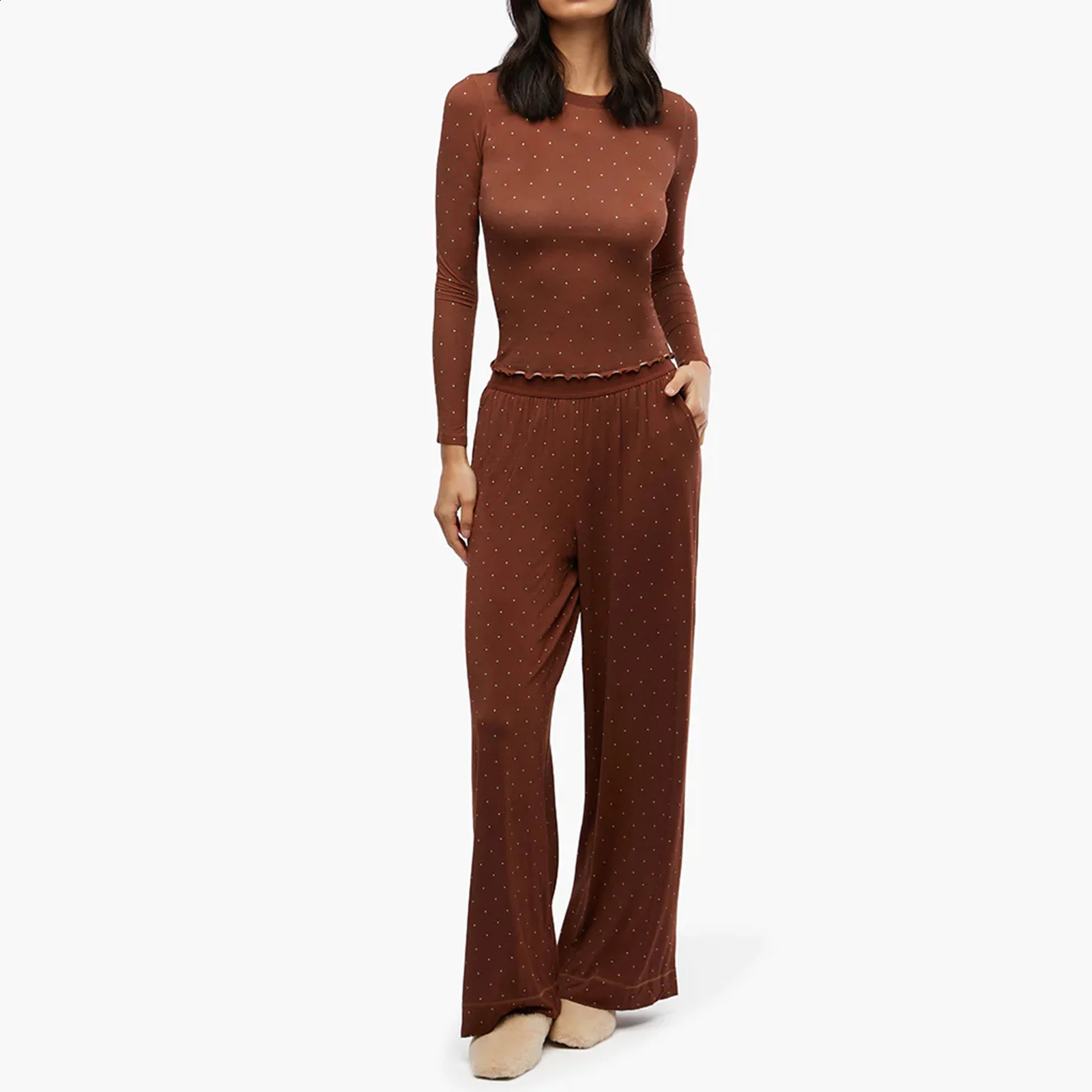 Women Y2k 2 Piece Lounge Set Lettuce Edge Hem Long Sleeve Bodycon Shirts High Rise Wide Leg Pants Snug Fit Pajamas 250113