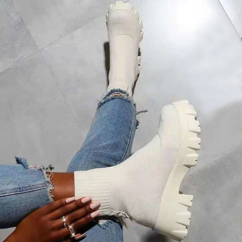 Women Boots White Platform For Winter Autumn Botas Femininas Socks Ankle Shoes Heels Botines Mujer 250117