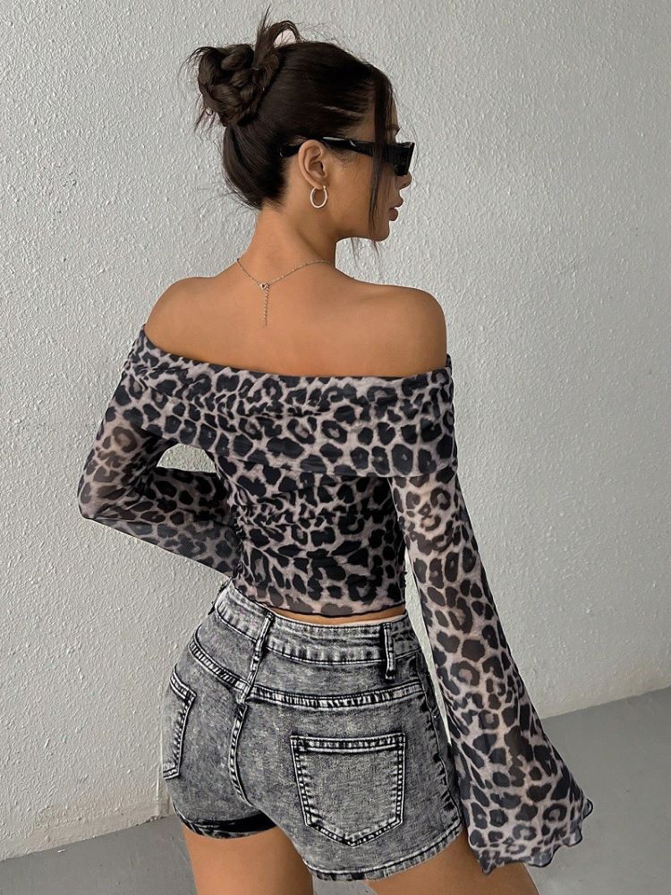 Lygens Leopard Print Long Sleeve Mesh Ruched Slim Crop Tshirt Top Casual Clothes Sexy Y2k Streetwear Manufacturer 2024