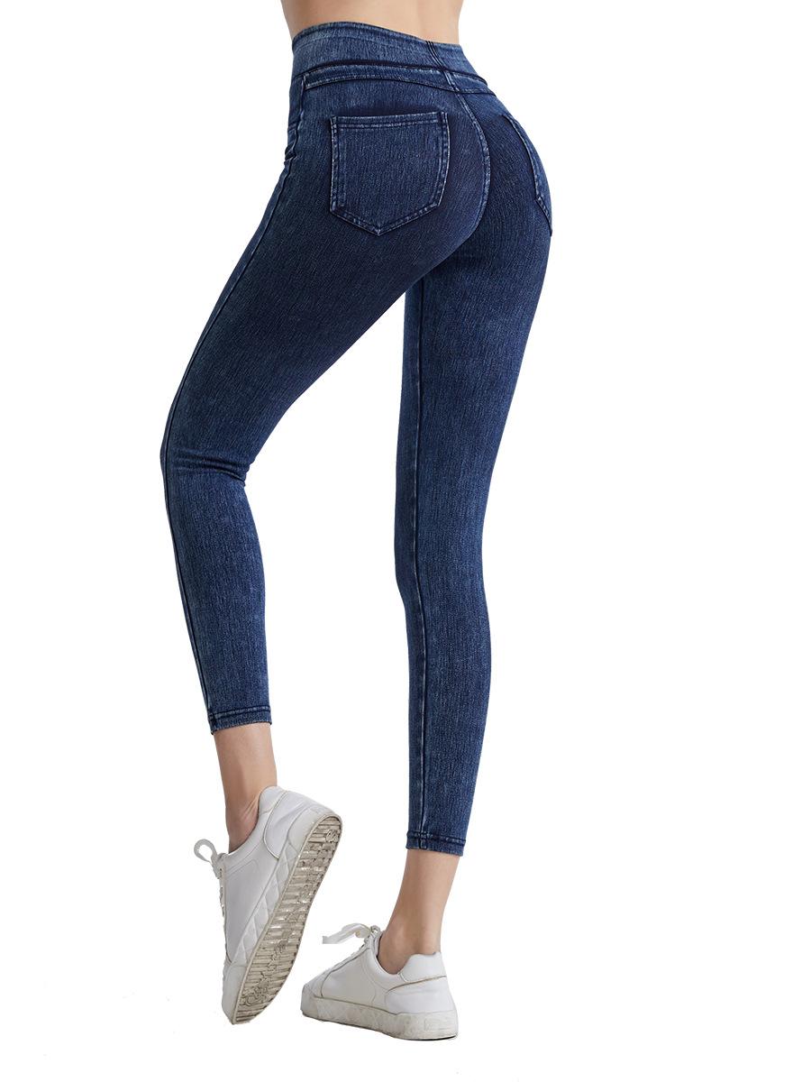 New hot-selling European and American high-waisted imitation jeans for women tight and thin hip lift, abdominal elastic outer wear, double pocket fitn