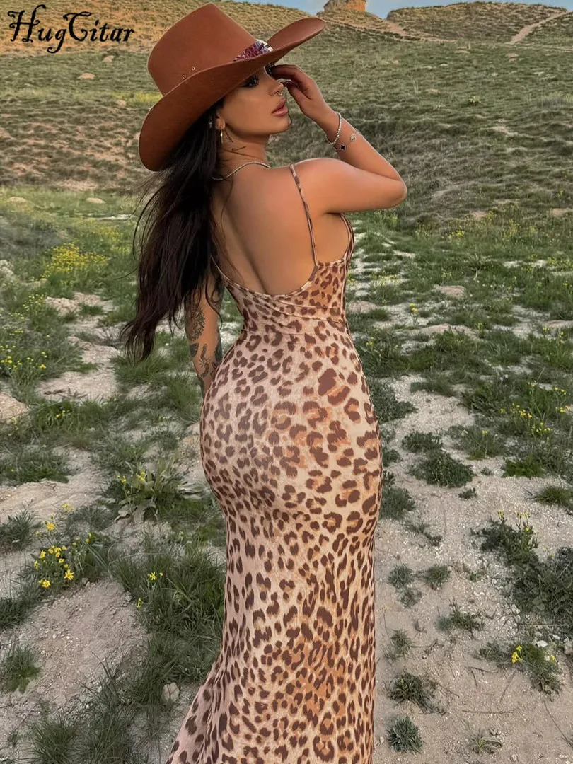 Hugcitar 2024 Leopard Print Slips Backless Slit Sexy Slim Maxi Dress Summer Women Fashion Y2K Outfits Party Beach Festival 250113