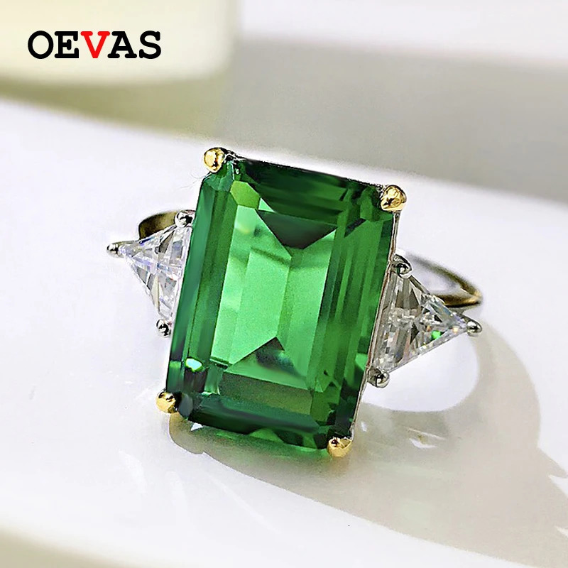 OEVAS 100% 925 Sterling Silver Sparkling 10*14mm Emerald Cut Green Wedding Ring For Women High Carbon Diamond Fine Jewelry Gifts250122