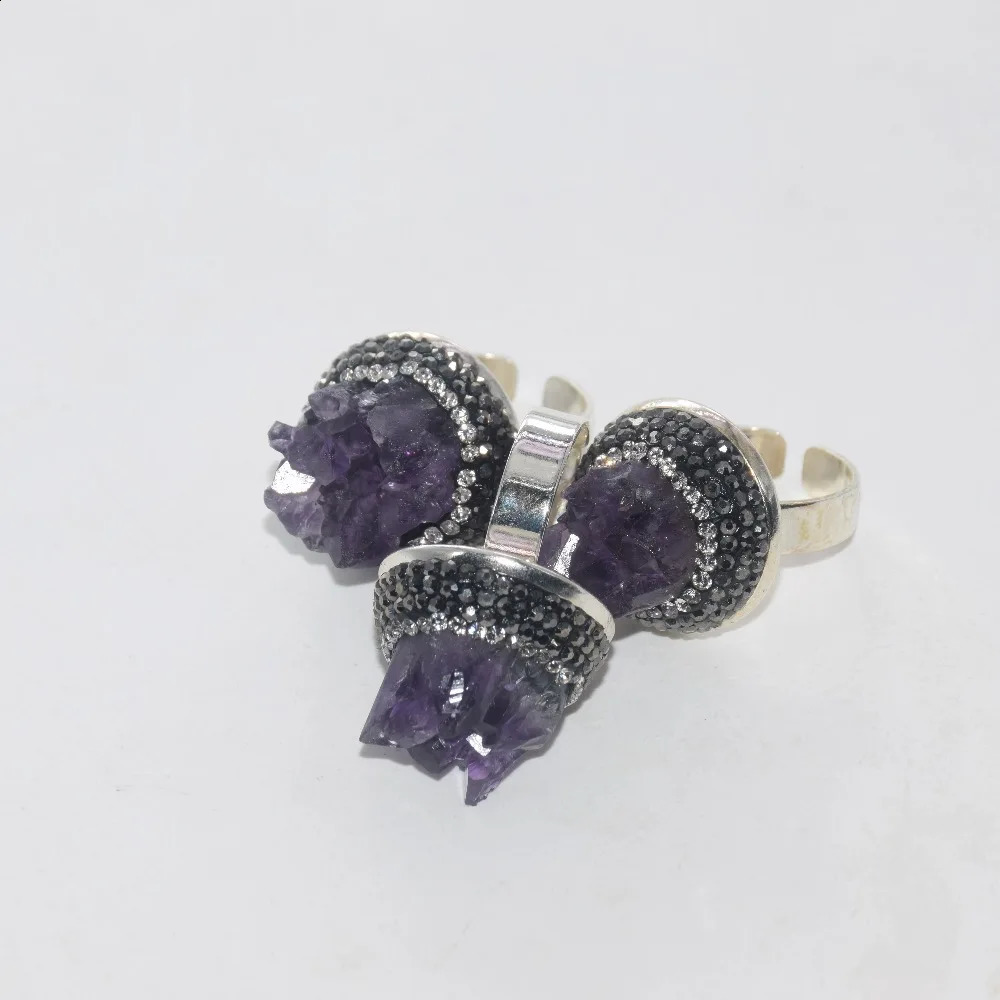 Uruguay Amethyst Purple Raw crystal quartz druzy adjustable rings rhinestone paved cluster geode druzy stone rings women 250121