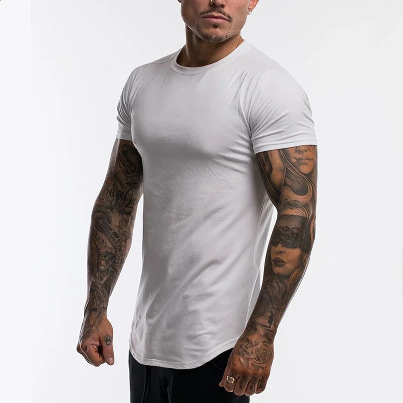 Summer Solid Short Sleeve T Shirt Men Cotton Sports Fitness Tshirt Bodybuilding Round Hem Streetwear Tee homme 250122