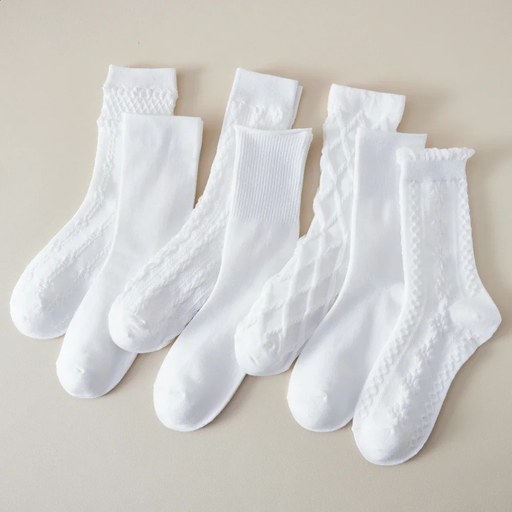 7 Pairs Ruffles White Women Socks Floral Middle Tube Crew Socks s Japanese Style School Socks Dancing Autumn Spring 250121