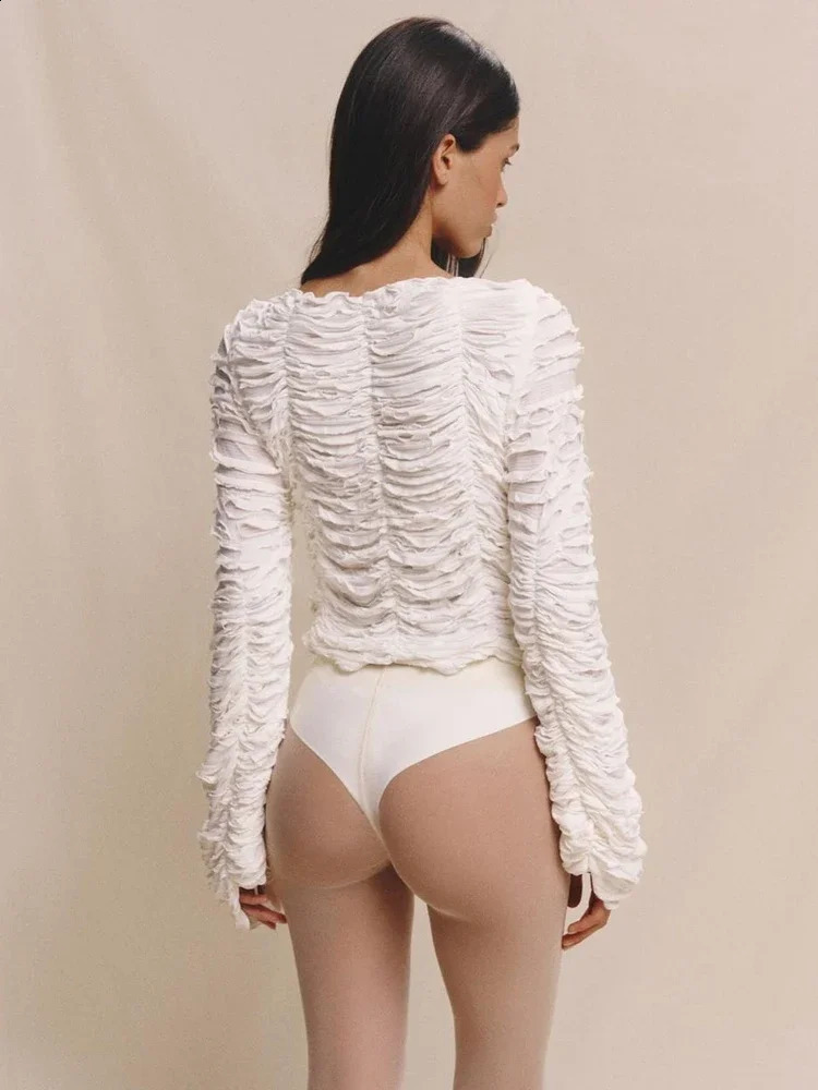Autumn Fashion Ruffled T-shirt Cropped Top Female Hollow Out Lace-Up Patchwork Loose Outwear White Women Bandage Tee Coat 250113