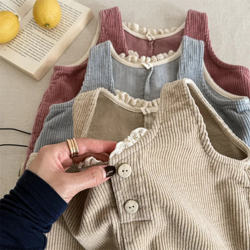 5264 Childrens Clothing Spring Girls Korean Corduroy Jumpsuit Pantsuit Casual Strap Pants 250117