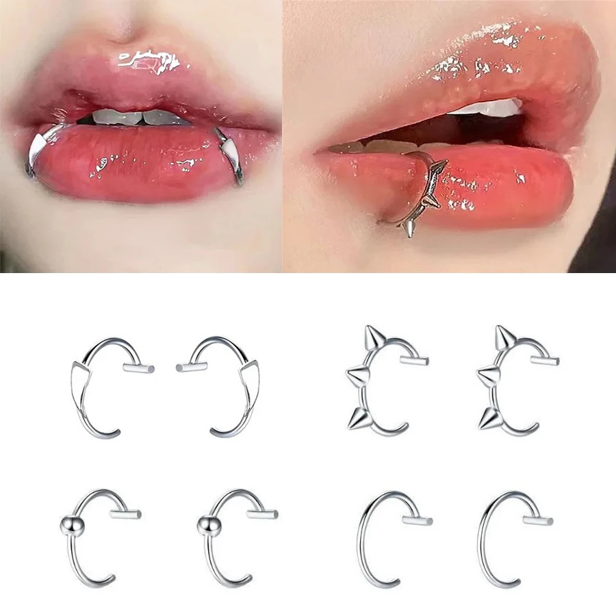 2PCS Trendy 10mm Stainless Steel Punk Clip on Piercing Nose Wrap Lip Rings Unisex Ring Women Men Tusk Body Jewelry 250110