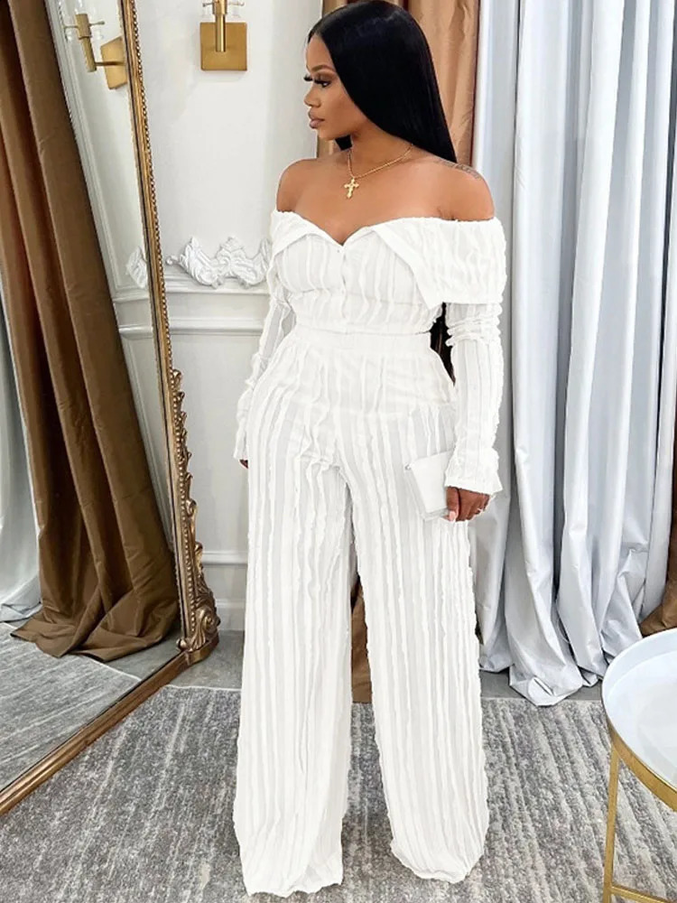 BKQU White Ruched Two Piece Sets Women Sexy Off Shoulder Long Sleeve Crop Top and Wide Leg Pants Matching Party Club Outfit 250118