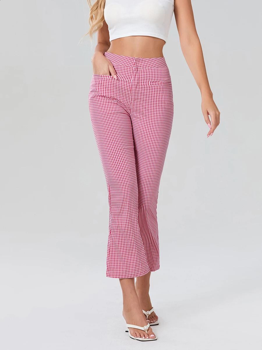 Women Checkered Trousers High Waist Plaid Pants Spring Summer Fashion Casual Sweatpants Fit Flared Leg Trendy Style 250122