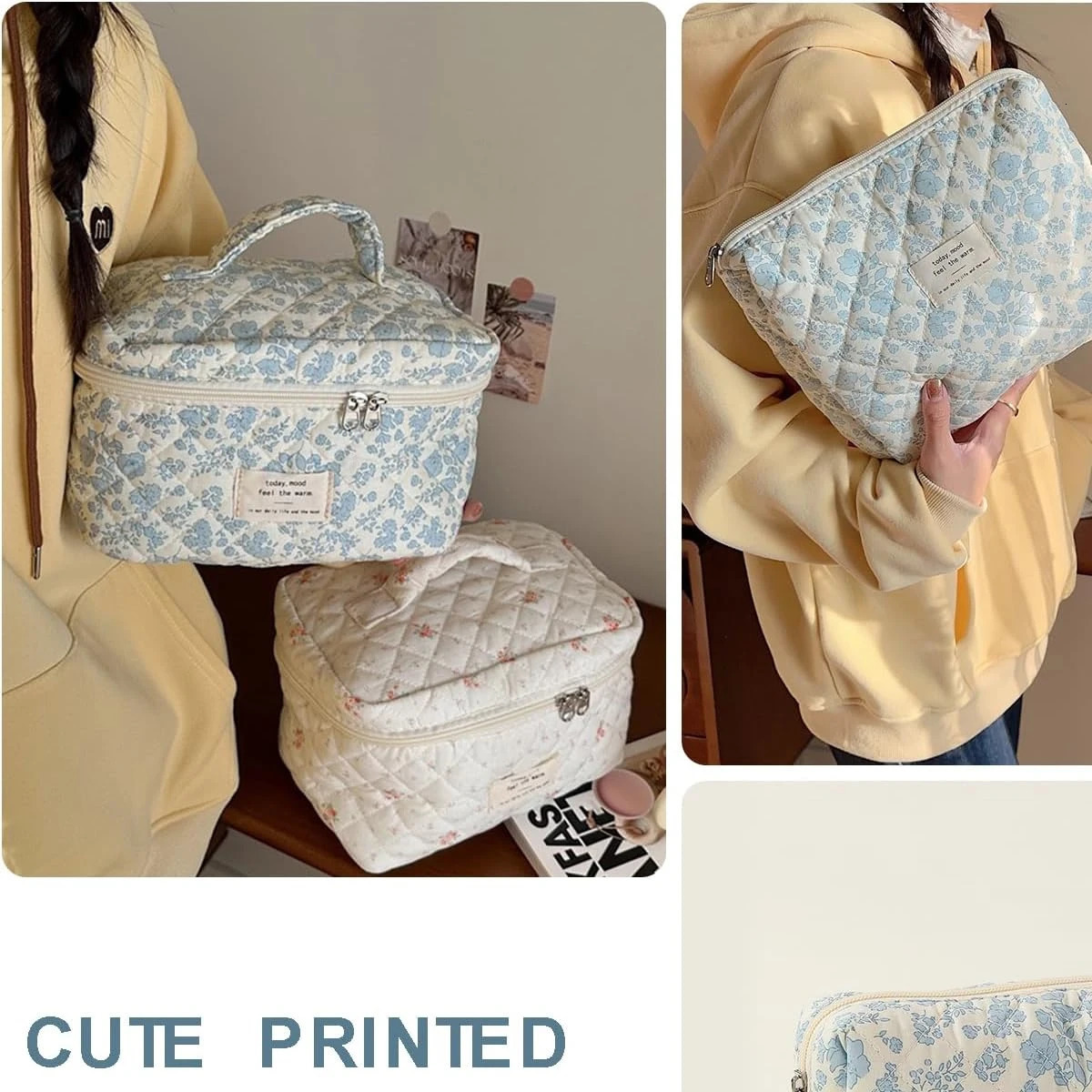 YANZAI 3 Pcs Cotton Quilted Makeup Bag Set Floral Cotton Cosmetic Bag Aesthetic Womens Large Capacity Toiletry Organizer250114