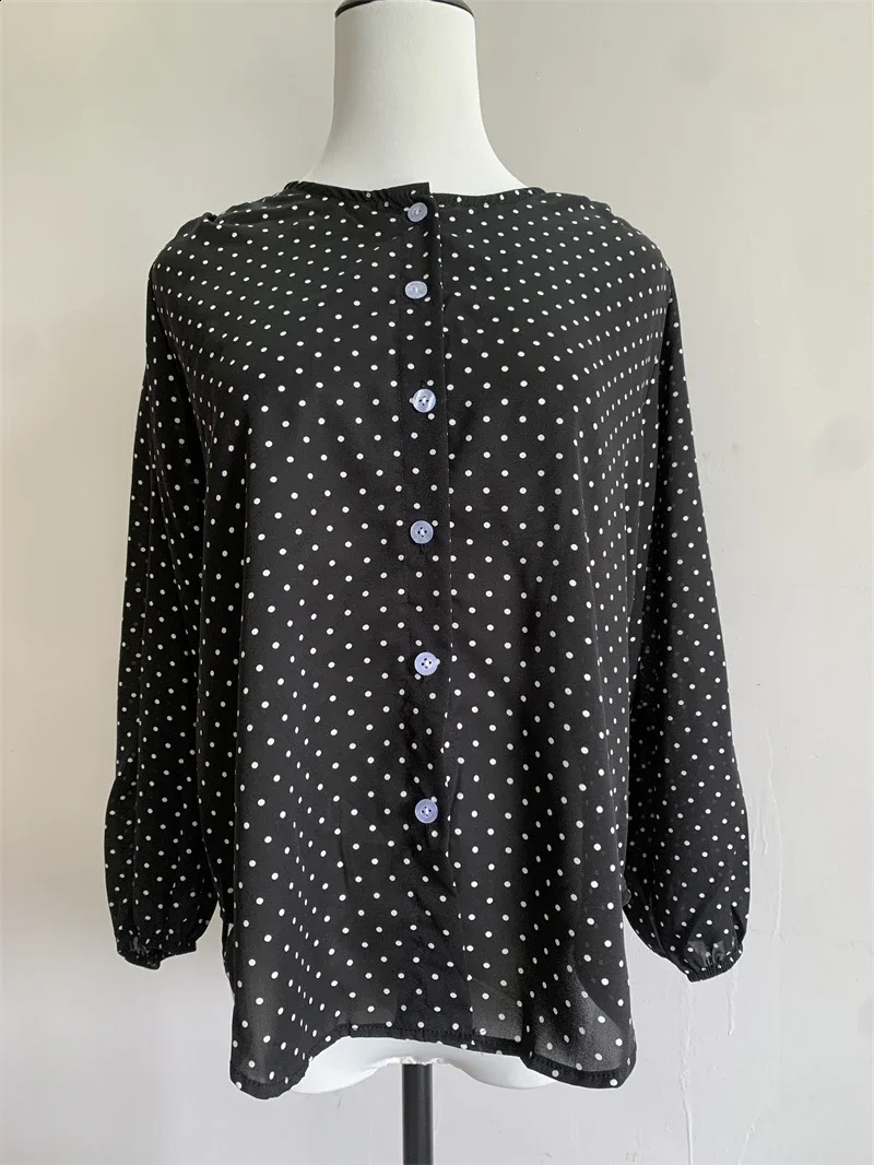 O Neck Dot Print Chiffon Shirt For Women Casual Tops Autumn Long Sleeve Buttonup Ladies Blouses Korea Chic Streetwear shirt 250122