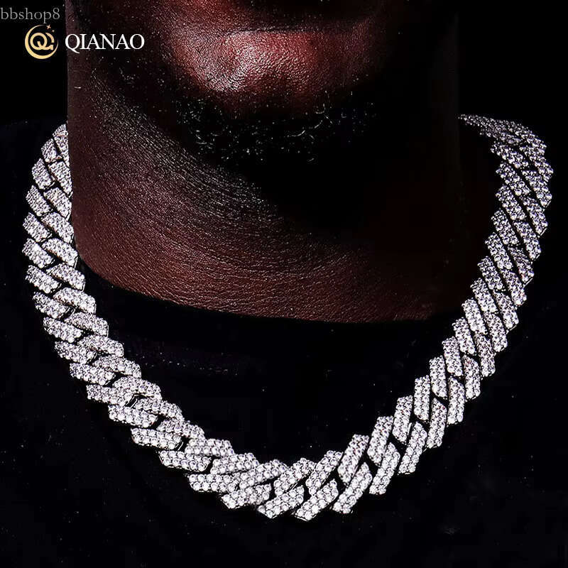 QIANAO Hip Hop jewelry 12mm Solid Sterg Sier VVS1 2 rows Moissanite Dia Heavy Iced Out Cuban k Chain Necklace