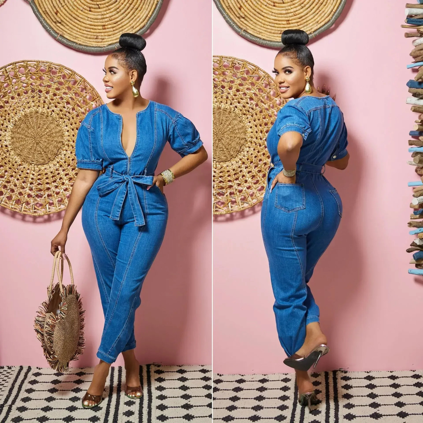 Women One Piece Round Neck Tight High Waist Lace Up Bow Overalls Slim Fit Denim Jumpsuits Sheath Long Pants Rompers Spring 250122