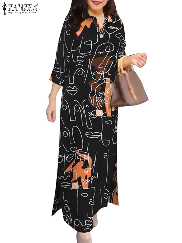 Autumn Spring Printed Dress Baggy Sundress ZANZEA Stylish Women Long Shirt Dress Vintage Lapel Neck Work Vestidos Kaftan 250122