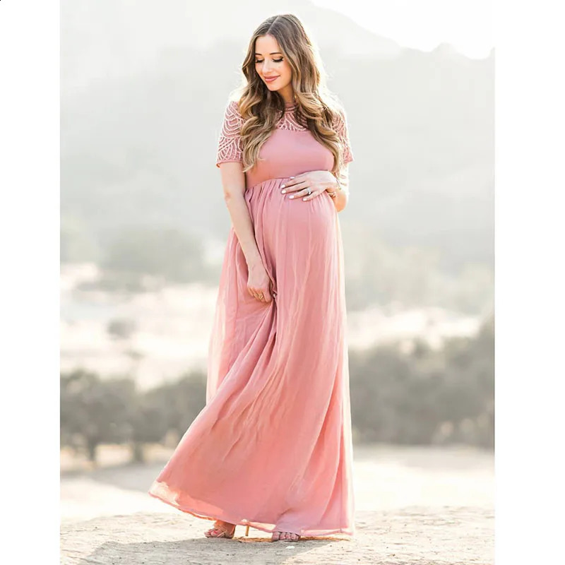 Short Sleeve Lace Chiffon Maternity Dresses for Poshoot Pregnant Women Maxi Gown Dress Pregnancy Baby Shower Pography Prop 250116