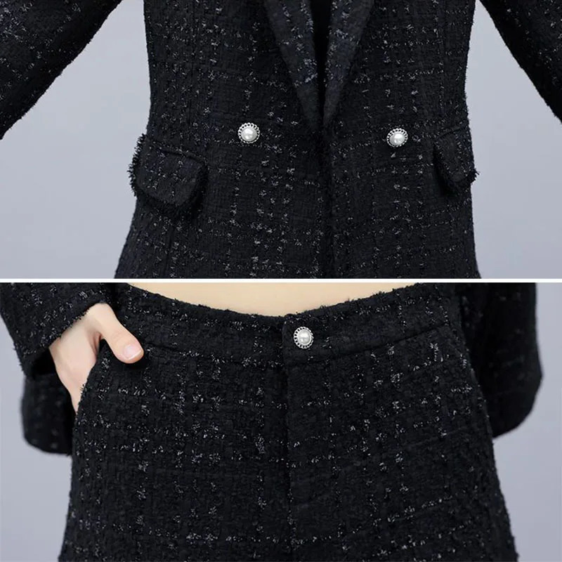 Black retro plain coarse woolen suit elegant loose jacket and shorts set Korean ensemble womens 2piece 250122