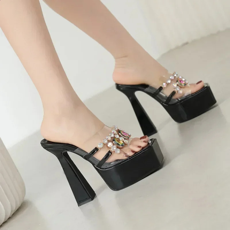 Sexy Peep Toe Platform Transparent Pvc Broad Band Crystal Slippers for Women Shoe Slides Square Head 15cm High Heels Rome Sandal 250113