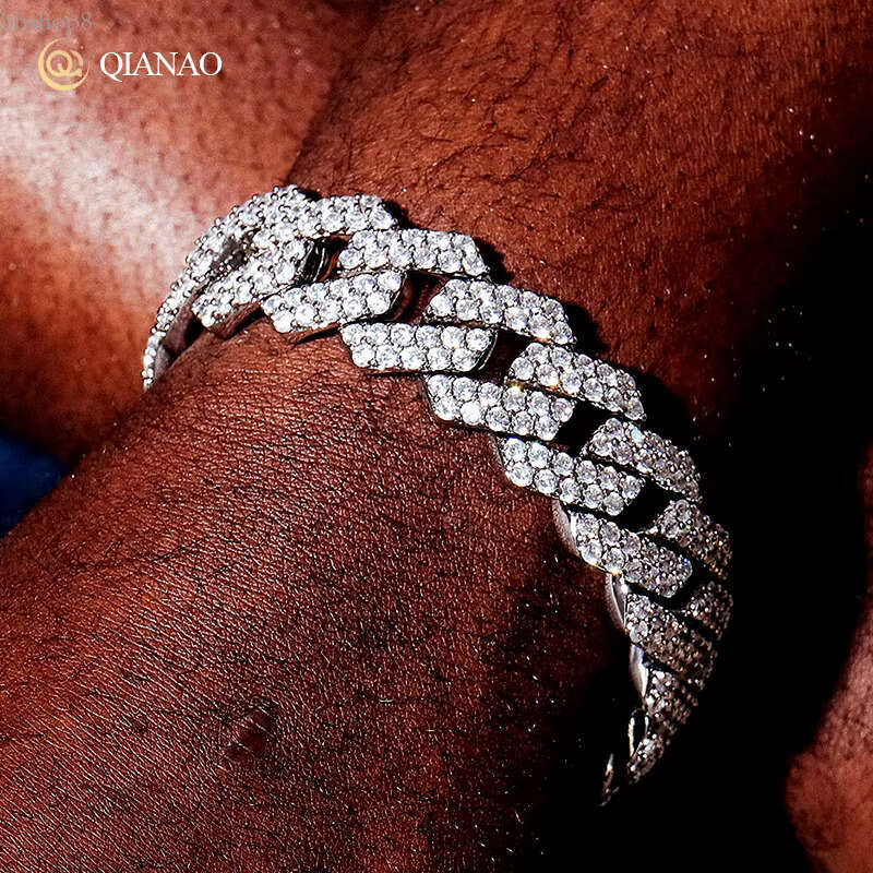 QIANAO Hip Hop jewelry 12mm Solid Sterg Sier VVS1 2 rows Moissanite Dia Heavy Iced Out Cuban k Chain Necklace