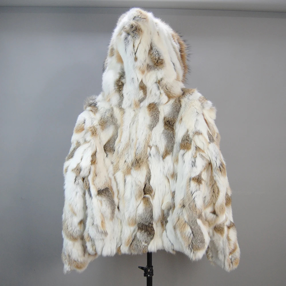 Real Fur Genuine Rabbit Coat With Hood Jacket And Natural Raccoon Collar Waistcoat Overcoat 250115