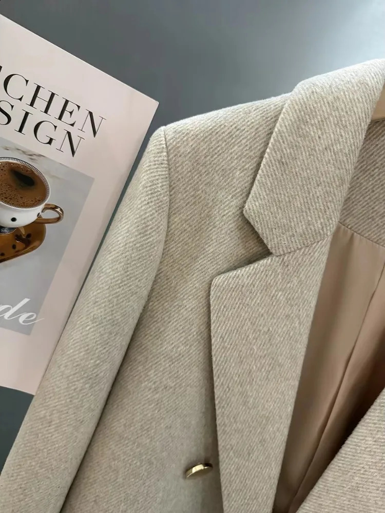 Beige Metal Button Wool Blazer Coat for Women Female Office Lady Winter High-end British Style Versatile Suit Trendy 250109