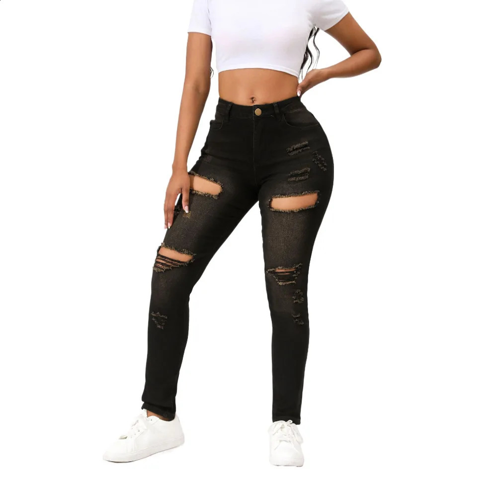 Summer Black Torn Jeans Women Skinnt Fit Damaged Holes Sexy Pants For Female 250109