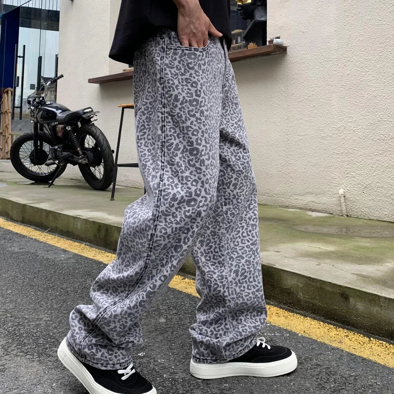 productsstreet personality leopard print trend fashion jeans for men high-end casual loose mens straight leg wide leg p 250120