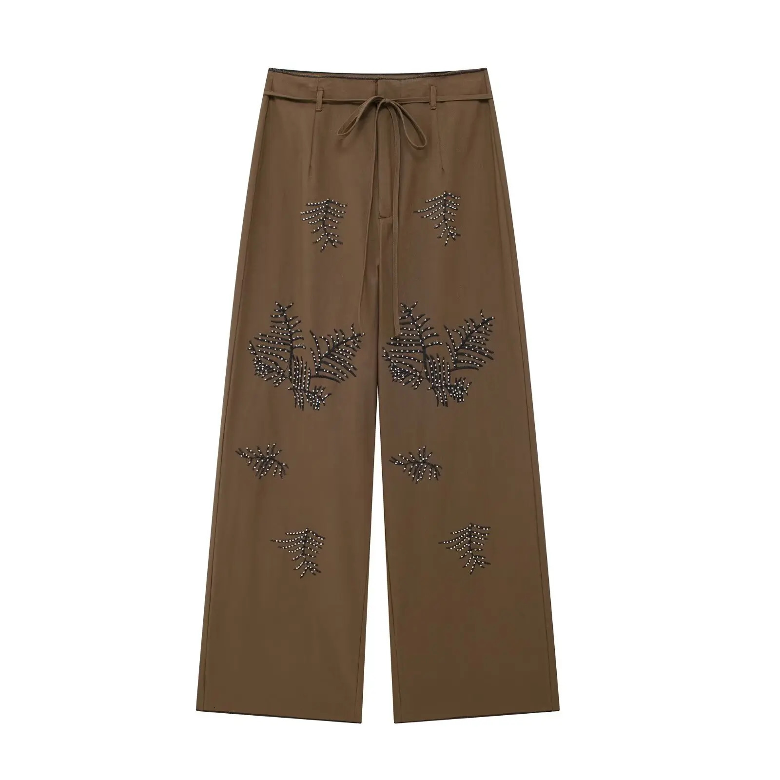 2024 Summer Womens Round Neck Long Sleeve Embroidered Vest Shirt Middle Waist Wide Leg Pants Set 250122