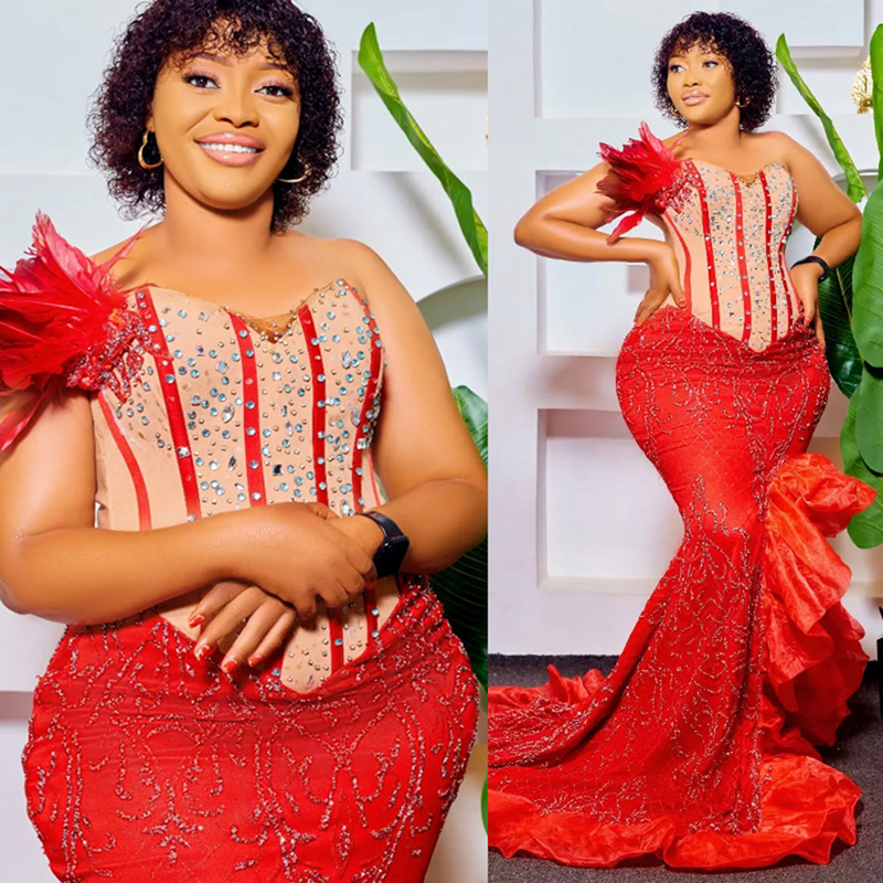 2025 Plus Size Red Aso Ebi Prom Dresses Mermaid Evening Gowns For Black Women Illusion Sweetheart Asymmetrical Birthday Dress Second Reception Gowns A