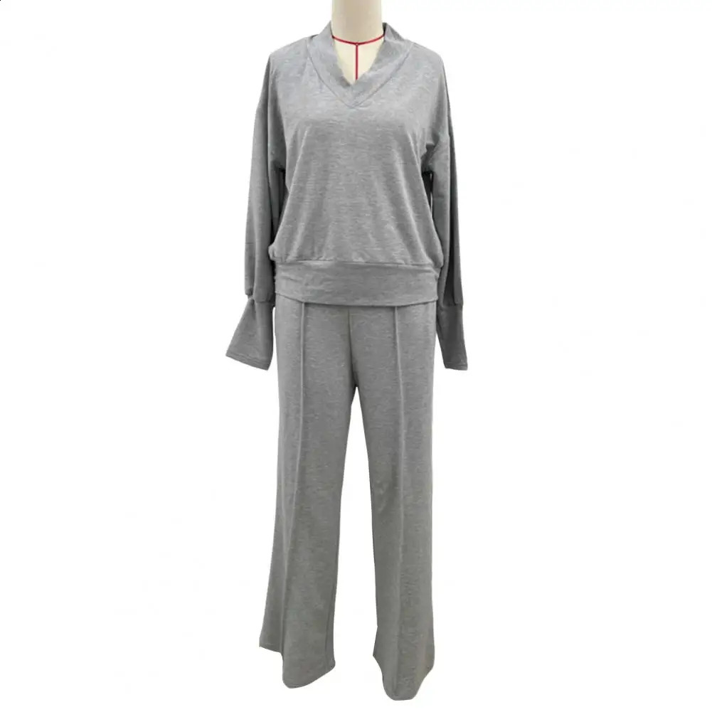 Women Top Pants Set V Neck Long Sleeves Loose Sweatshirt Elastic Waist Wide Leg Sweatpants Sport Outfit Autumn Casual Tracksuit 250118